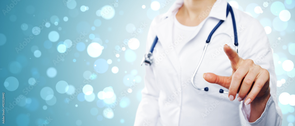 Poster close up of doctor hand using abstract digital interface on blurry blue bokeh circles background wit