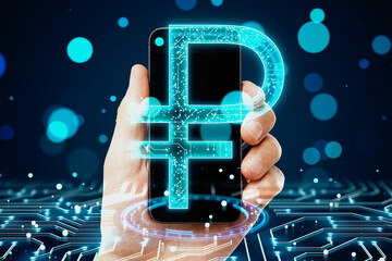 Close up of male hand holding cellphone with digital ruble sign on blurry blue bokeh circles background. Cryptocurrency, finance and online banking concept. Double exposure.