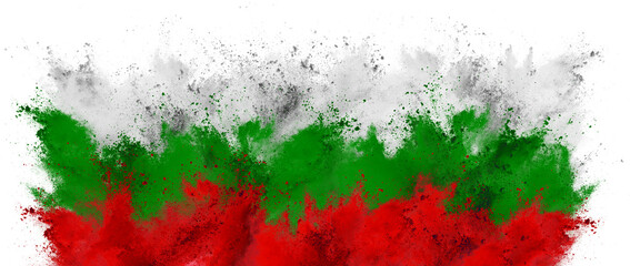 colorful flag of bulgaria with white green red color holi paint powder explosion isolated white background. bulgarian national europe travel and tourism concept.