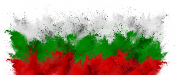 colorful flag of bulgaria with white green red color holi paint powder explosion isolated white background. bulgarian national europe travel and tourism concept.