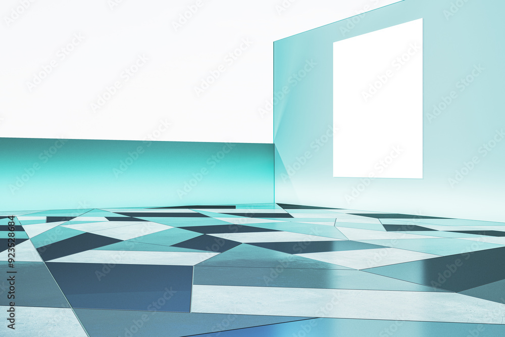 Poster modern white and blue geometric gallery interior with empty mock up banner on wall. exhibition and a