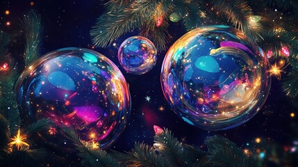 Colorful Christmas ornament balls with space cosmos stars decoration.