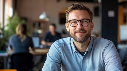Obraz premium Portrait of a business man sitting in an office with his colleagues in the background. Happy business man working in a co-working office. Generative ai