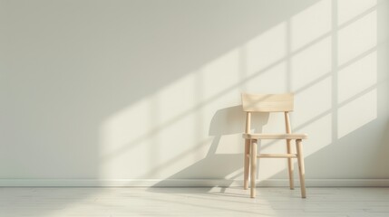 A wooden chair is sitting in front of a white wall
