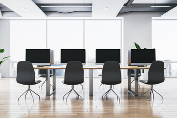 Clean bright coworking office interior with wooden flooring, panoramic windows and city view, furniture and equipment. 3D Rendering.