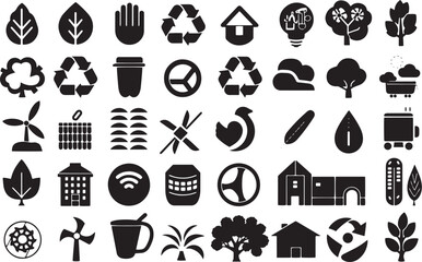 Obraz premium A minimalist vector icon set with a sustainable development, nature protection, eco-technology, and green living .icons in black and white style with isolated on white