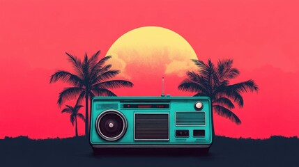 Vibrant and Retro Inspired Watercolor Clipart Design Featuring a Groovy Vintage Radio with Palm Trees and a Bright Sun in the Background Perfect for Summer Themed Designs and