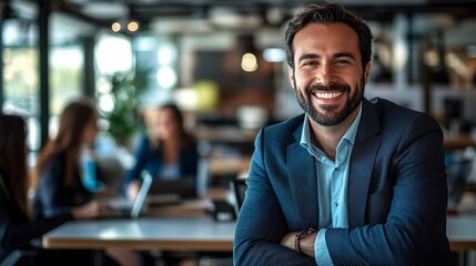 Portrait of a business man sitting in an office with his colleagues in the background. Happy business man working in a co-working office. Generative ai