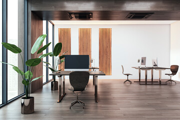 Luxury designer office interior with decorative wall, panoramic windows and furniture. 3D Rendering.