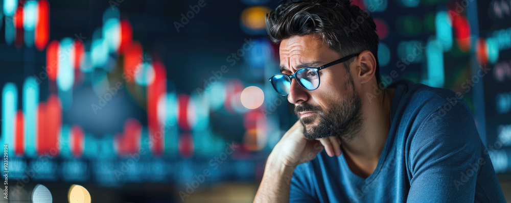 Poster focused trader analyzing market trends, illuminated by vibrant digital stock charts, deep in thought