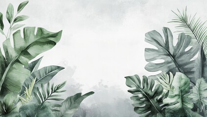 A watercolor texture background supports a wall mural of tropical leaves in gray tones