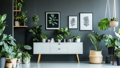Modern living room design with plants and vases in front of a white mantel, canvas and a decorative photo frame