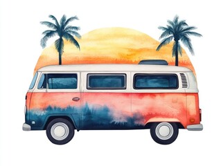 Vibrant and Groovy Retro Summer Watercolor Clipart Featuring a Retro Peace Van with Palm Trees Isolated on a White Background