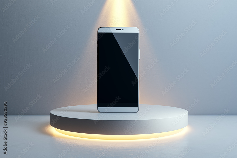 Aufkleber empty smartphone screen placed on illuminated round podium on light concrete wall background. mock u