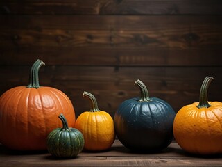 A colorful display of pumpkins, pumpkins and leaves sitting in a row on wooden background. Space for text. Generative AI.