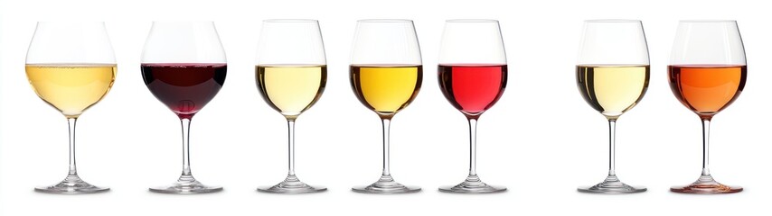 Seven Wine Glasses with Different Types of Wine