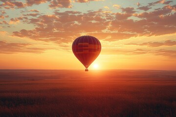 Obraz premium Silhouette of a hot air balloon against a radiant sunlit sky. The horizon showcases vivid colors from the sun's rays, creating a striking contrast between the balloon and the warm glow. The clear sky