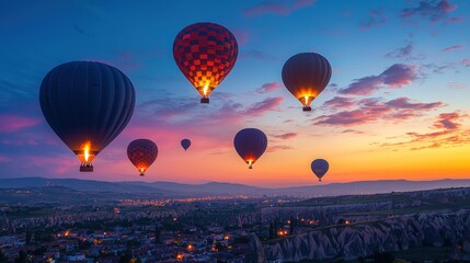Fototapeta premium Silhouette of several hot air balloons ascending into the early morning sky. The sun first light creates soft pastels in the atmosphere, framing the scene with tranquility and beauty. The balloons