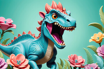 Fototapeta premium Colorful Toy Dinosaur Roaring Amidst Vibrant Flowers on a Bright Background