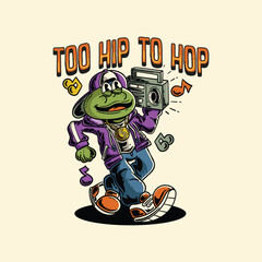 illustration of a rapper frog walking while carrying a radio