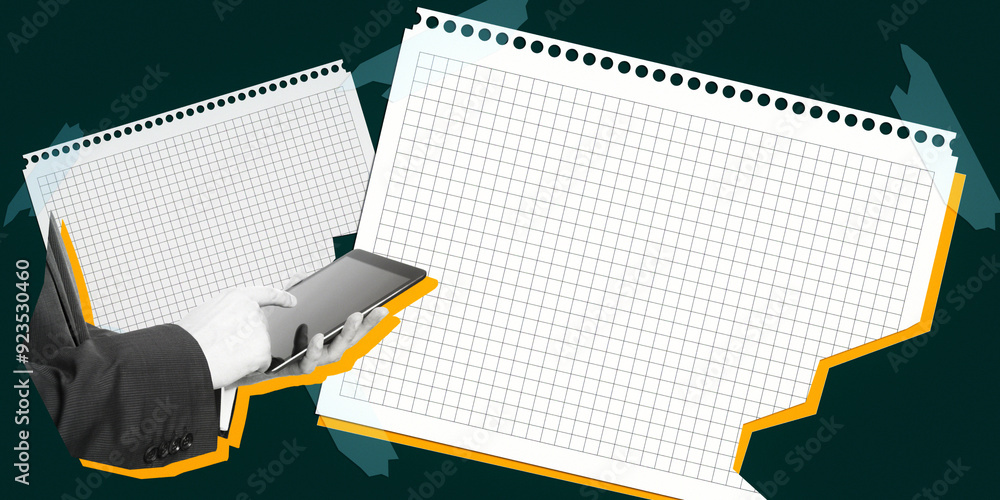 Poster Close up of businessman hands using tablet next to abstract torn copybook sheets on gray background. Mock up place. Education and back to school concept.