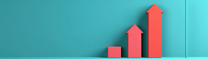 Growth Indicators, vibrant turquoise background featuring three ascending red arrows symbolizing progress and economic growth, conveying a positive upward trend in analytics.