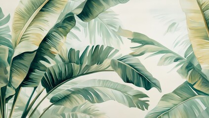 On the interior of the house, there is texture wallpaper with a tropical tree with large leaves on a watercolor background