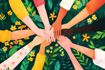 depicts a diverse group of volunteers joining hands in unity, 3d rendering, generative ai