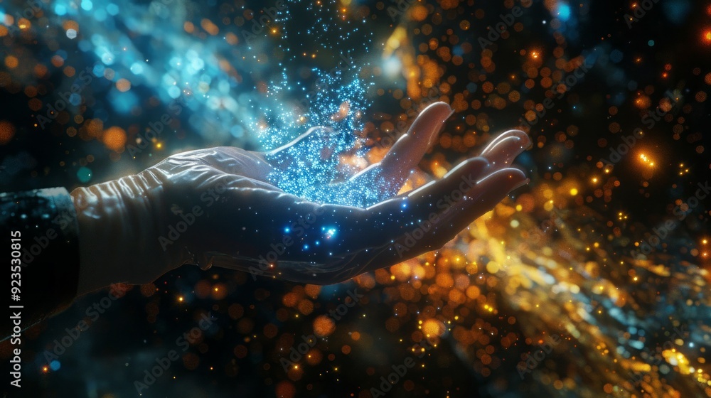 Aufkleber a shimmering hand cradles sparkling particles, evoking a sense of magic and connection to the univer