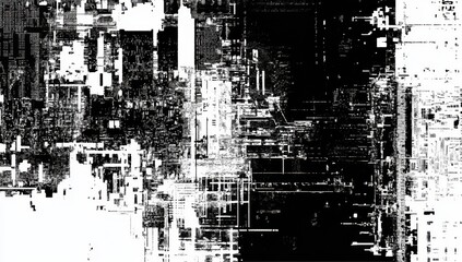 pixel glitch damage to vintage grunge analog television screen or video game screen for dystopiacore background texture in black and white