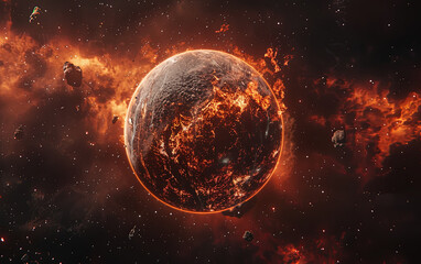 High-Resolution Digital Rendering of an Orange Planet with Red Lava and Smoke Against a Black Space Background, Featuring a Distant View with Earth-like Horizon, Exploding Nebula, and Two Moons Enhanc
