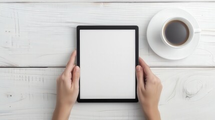 A person is holding a tablet with a white screen and a cup of coffee