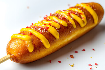 Corn dog on a stick isolated on white background
