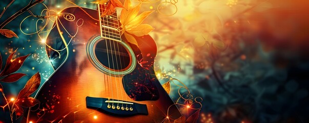 Obraz premium Acoustic Guitar Surrounded by Autumn Leaves and Twinkling Lights