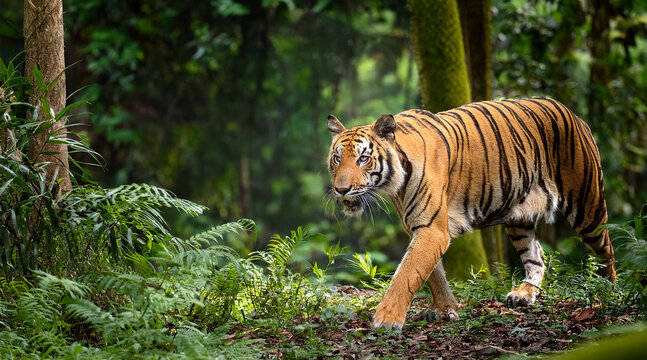 A wildlife conservation image with a close-up of a tiger walking through a dense forest 