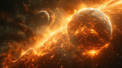 Obraz premium High-Resolution Digital Rendering of an Orange Planet with Red Lava and Smoke Against a Black Space Background, Featuring a Distant View with Earth-like Horizon, Exploding Nebula, and Two Moons Enhanc