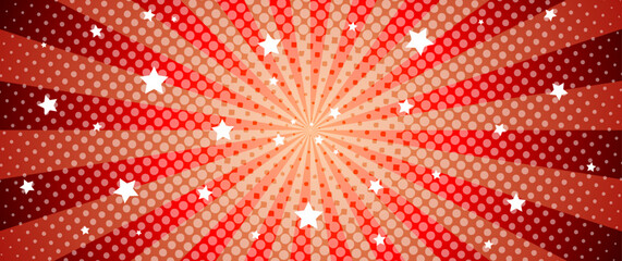 Pop art red and orange vintage comic magazine cover with sun rays and stars. Cartoon vector halftone template. Pop Art illustration with halftone dots and rays. Red explosion rays background