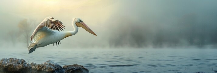 Pelican soaring above the lakeshore captured with a slow pan technique.