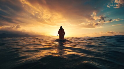 Fototapeta premium Person walking on water during sunset