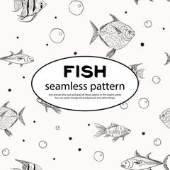Stylish modern seamless fish pattern. Aquarium popular theme. Hand drawn fish black and white pattern for print on many items.