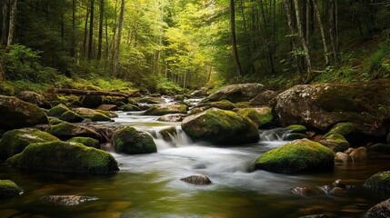 Peaceful Stream Flowing Over Moss-Covered Rocks in a Dense Forest with Dappled Sunlight. AI generated illustration