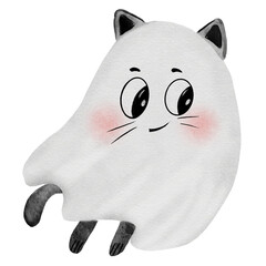 Cute ghost watercolor. Hand drawn kawaii monster. Clip art of the face of a typical ghost isolated on a white background. Ideal for decorating invitations and cards for Halloween