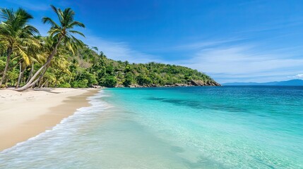 Naklejka premium Secluded Tropical Beach with Crystal-Clear Turquoise Water and Swaying Palm Trees. AI generated illustration
