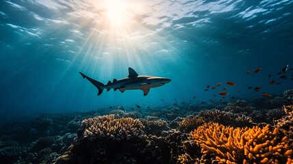 Obraz premium Shark Swimming Over Coral Reef Underwater