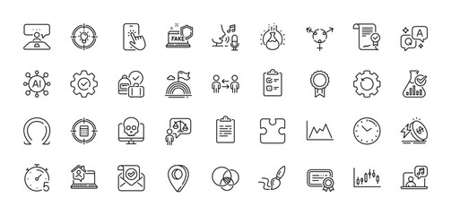 Music, Chemistry lab and Idea line icons pack. AI, Question and Answer, Map pin icons. Candlestick graph, Certificate, Recovery gear web icon. Confirmed mail, Interview job, Execute pictogram. Vector