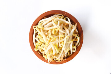 Kecambah or Sprouts From Mung Beans in Wooden Bowl, Made From Sprouting Beans isolated on white background. Top View