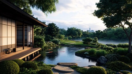Obraz premium Traditional Japanese Garden with Pond and Teahouse