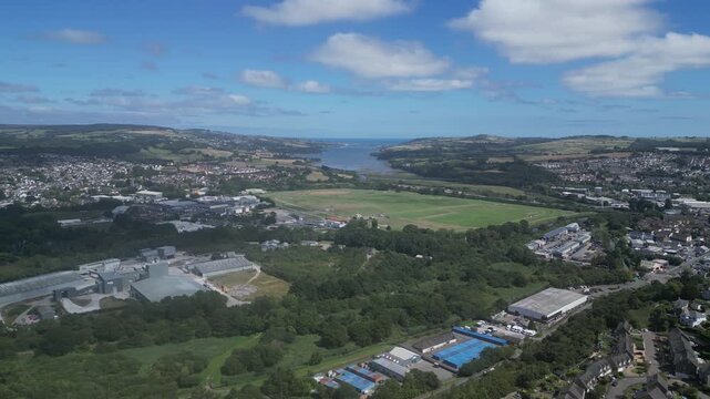 Newton Abbot, South Devon, England: DRONE VIEWS: Northern section of Newton Abbot, houses, factories, Newton Abbot racecourse and the River Teign. Newton Abbot is a 13th century market town (2).
