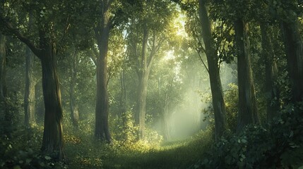 Obraz premium Tranquil Forest Scene with Towering Trees, Soft Sunlight, and Gentle Mist. AI generated illustration
