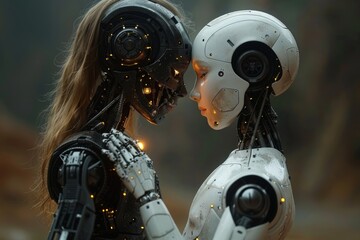 Artificial Beings Sharing an love Moment in a Dystopian Landscape at Dusk
